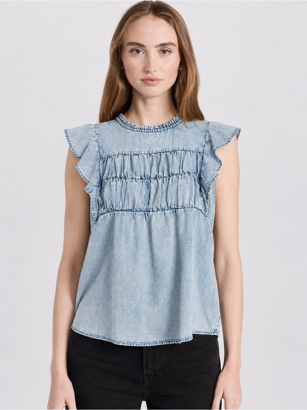 Rails Light Blue Denim Ruffle Sleeve Top